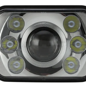 Close-up of a modern LED headlight with multiple light elements.