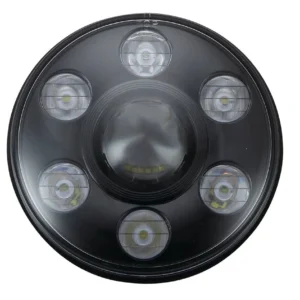 Black round LED light with seven small bulbs arranged in a circle.
