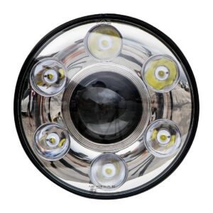 Round LED headlight with six bulbs.