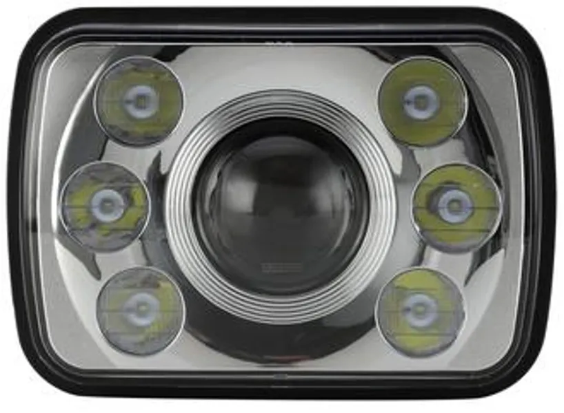 Front view of a vehicle headlight with multiple LED bulbs.