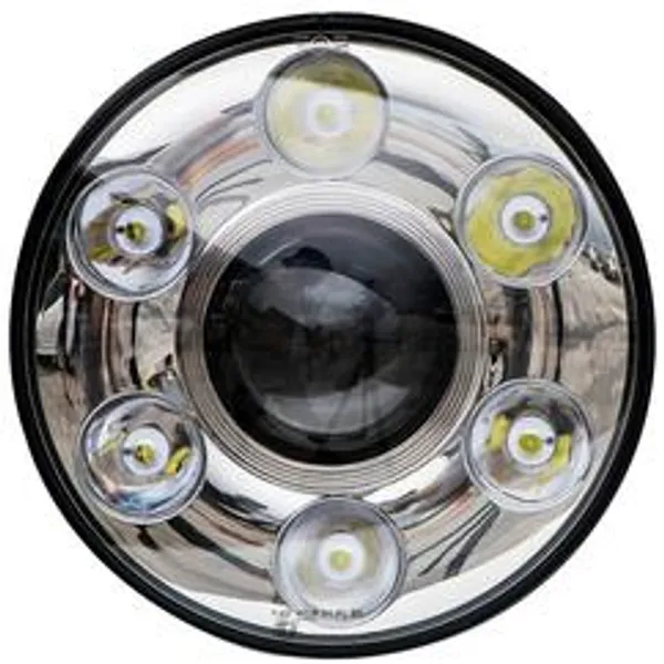 Close-up of a circular multi-LED light with five yellow diodes.