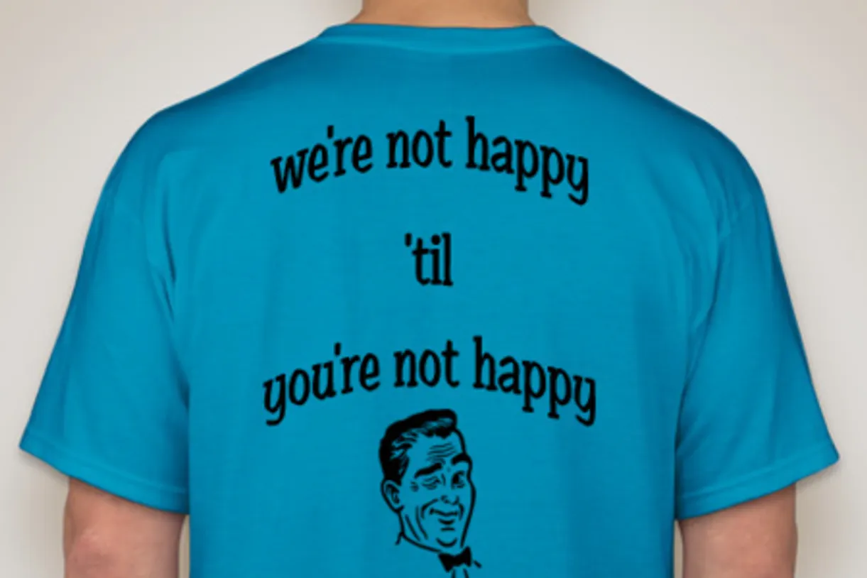 Blue shirt with sarcastic text about happiness.